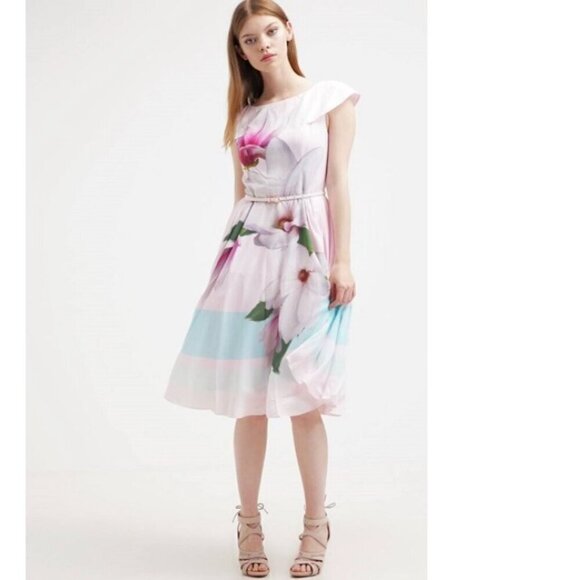 TED BAKER Bromlie Fit & Flare Flowy Dress Pink Magnolia Print TB Sz 4 is US 8-10 - Picture 2 of 16